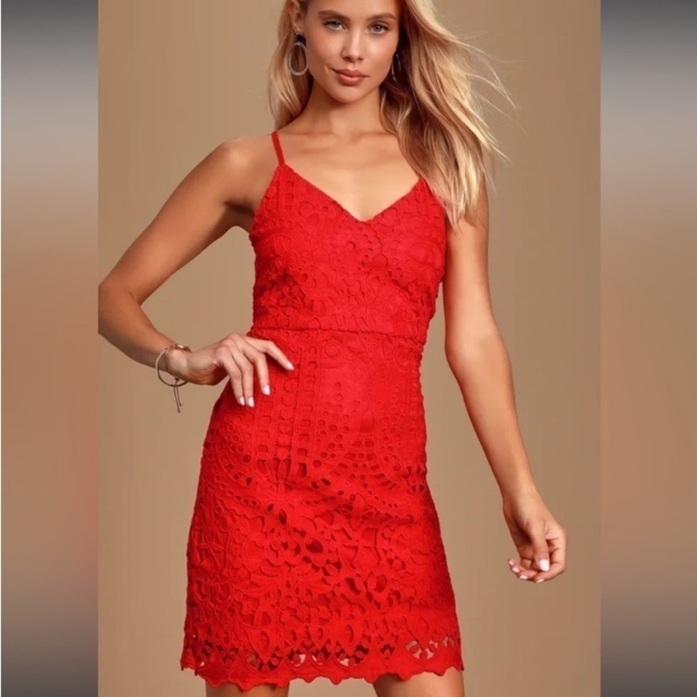 LULU’S Perfect Love Red Floral Lace Mini Dress